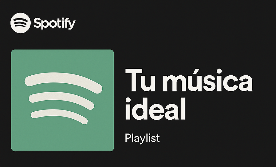 ockup de tarjeta de playlist de Spotify con el título "Tu música ideal", sobre fondo beige y diseño minimalista.