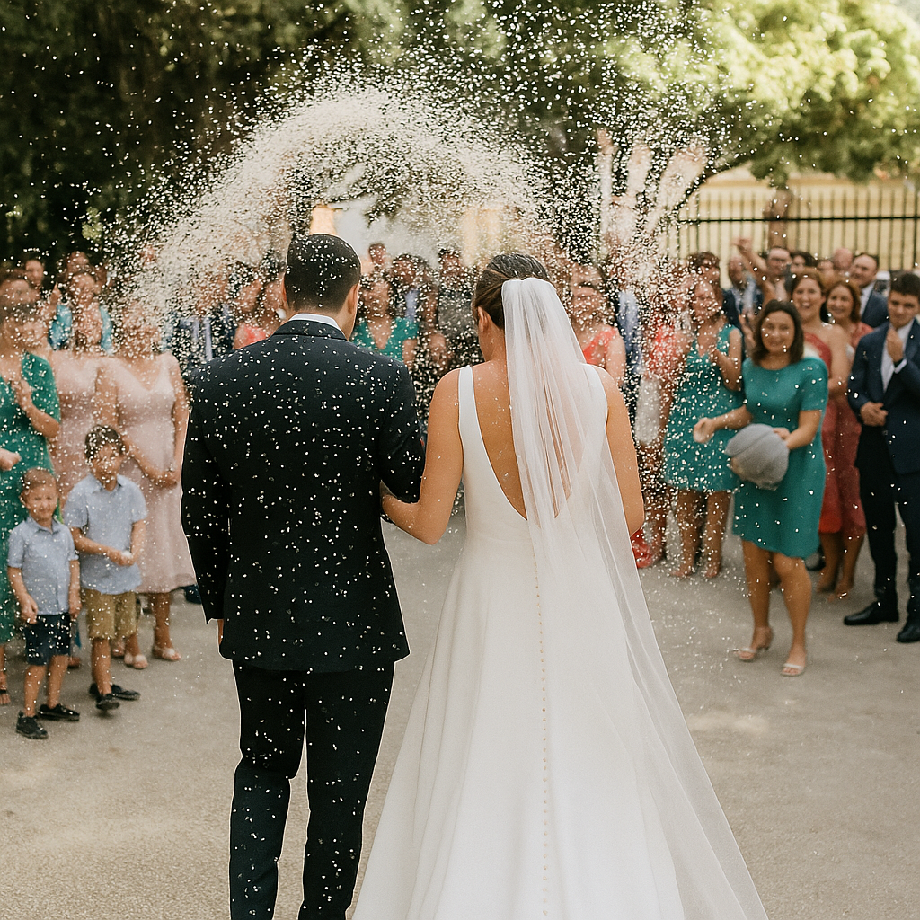 Imagen de una pareja de recién casados recibiendo una lluvia de arroz por parte de familiares y amigos al salir de la ceremonia. Este ritual clásico de bodas simboliza fertilidad, abundancia y felicidad para los novios, siendo uno de los momentos más emblemáticos y festivos en las celebraciones matrimoniales