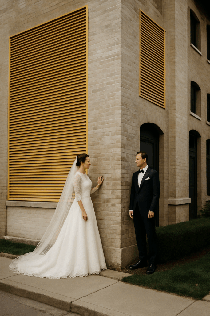Novios frente a frente separados por la esquina de un edificio antes de la ceremonia de boda.