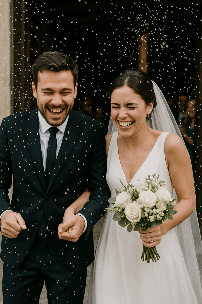 Novios saliendo de la iglesia mientras les lanzan arroz, simbolizando fertilidad y buenos deseos según rituales de bodas mexicanas.