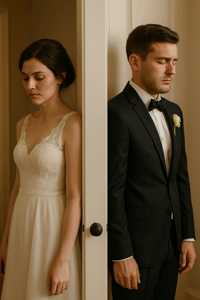 Novios tristes de espaldas separados por una puerta antes de la ceremonia de boda