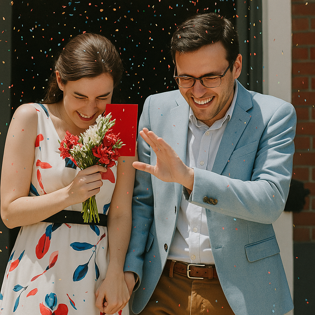 Pareja de recién casados saliendo de la ceremonia bajo lluvia de confeti, celebrando un ritual moderno de boda con estilo casual y alegre