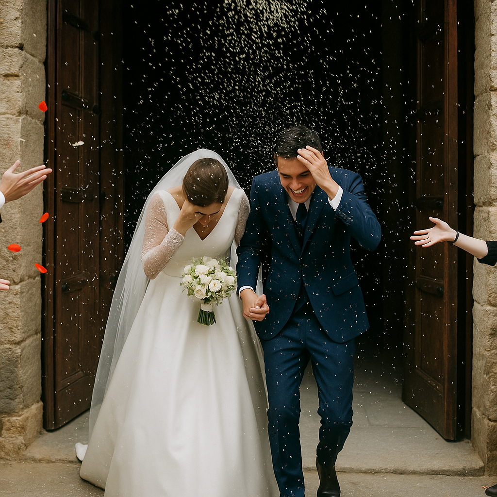 Recién casados saliendo de una iglesia antigua mientras reciben una lluvia de arroz y pétalos, siguiendo el tradicional ritual de bodas que simboliza prosperidad y buenos deseos