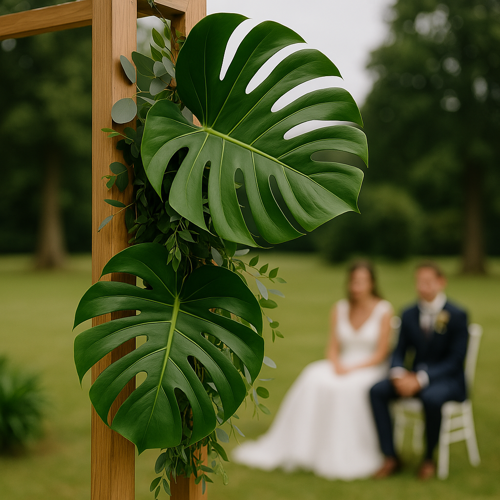 Decoración de boda con hojas de Monstera en clima cálido