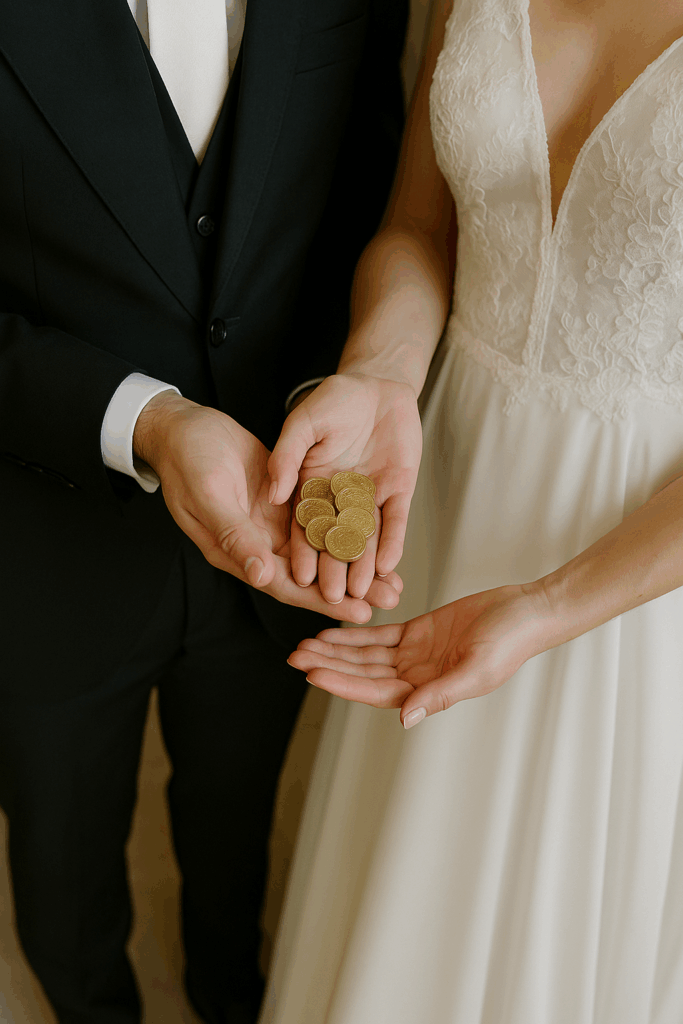 Novio entregando 13 monedas de arras a la novia como símbolo de compromiso, prosperidad y la promesa de compartir los bienes en el matrimonio