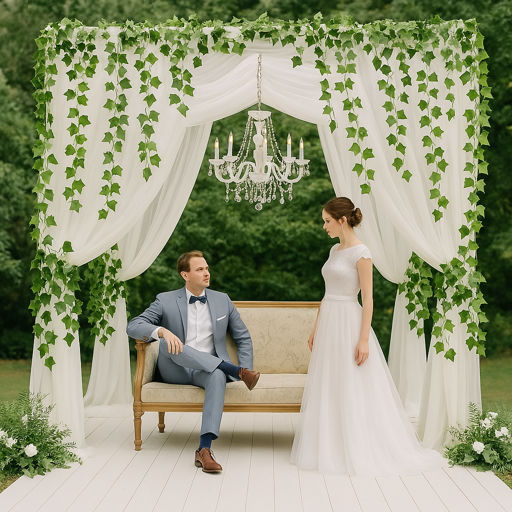 Pareja de novios posando bajo un arco decorado con cortinas blancas, hiedra natural y un candelabro, en una boda elegante al aire libre