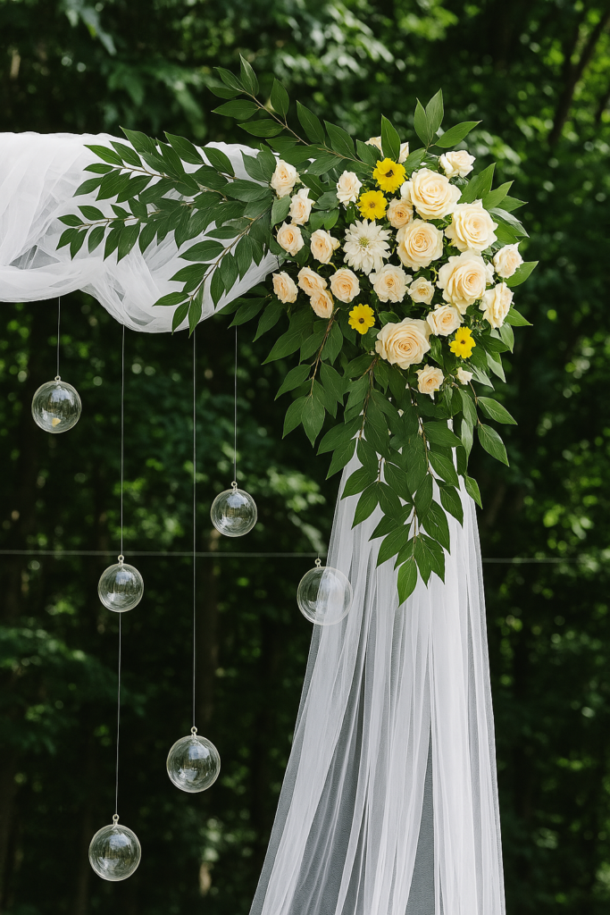 Decoración de arco de boda al aire libre con tul blanco, follaje verde, flores amarillas y crema, y esferas de cristal colgantes en un entorno natural