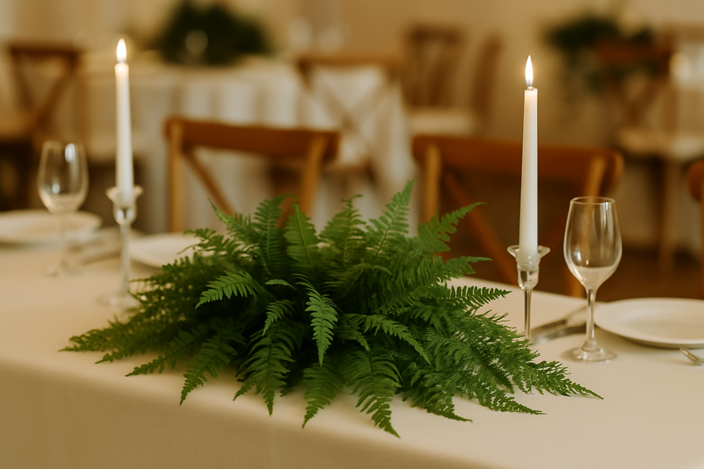 Centro de mesa de boda decorado con follaje de helecho y velas altas, ideal para celebraciones elegantes en climas cálidos
