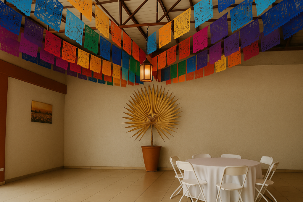 Espacio decorado con papel picado mexicano en tonos vibrantes, una hoja seca dorada en maceta y mesa redonda con mantel blanco, ideal para fiestas tradicionales