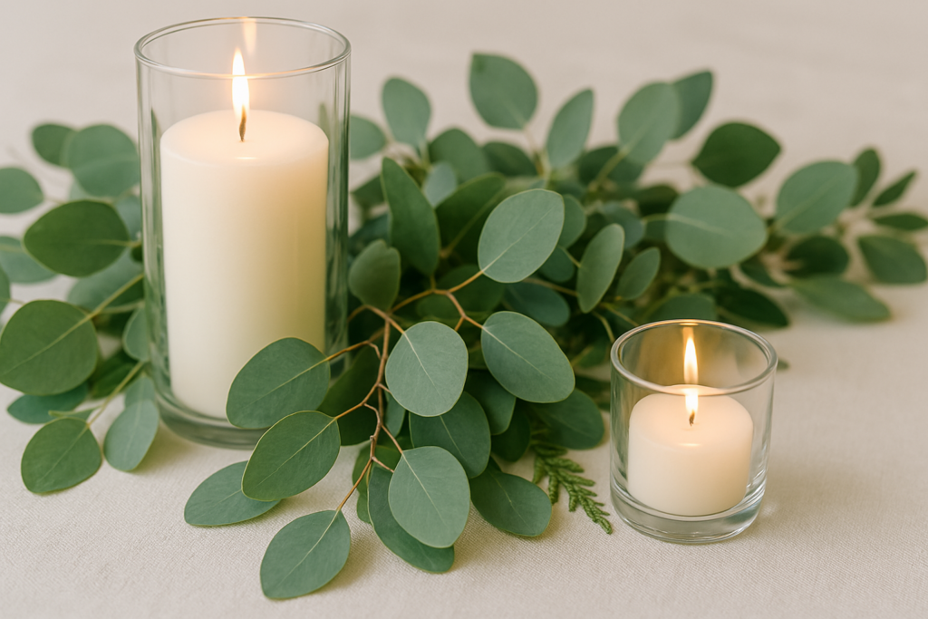Detalle de centro de mesa para boda con eucalipto y velas
