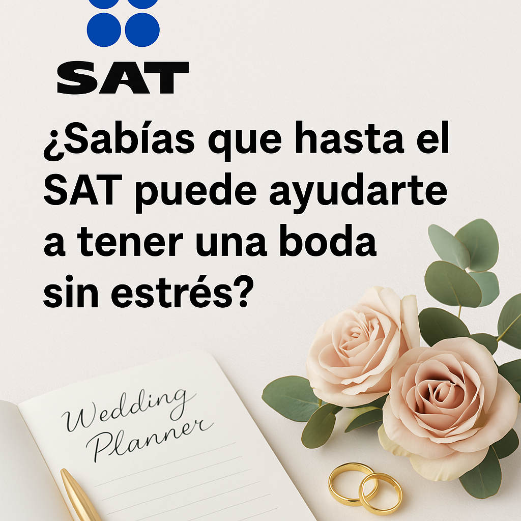 Gráfico digital que combina el logotipo del SAT con elementos de una boda, como un ramo de rosas, anillos de matrimonio y una libreta de planificación