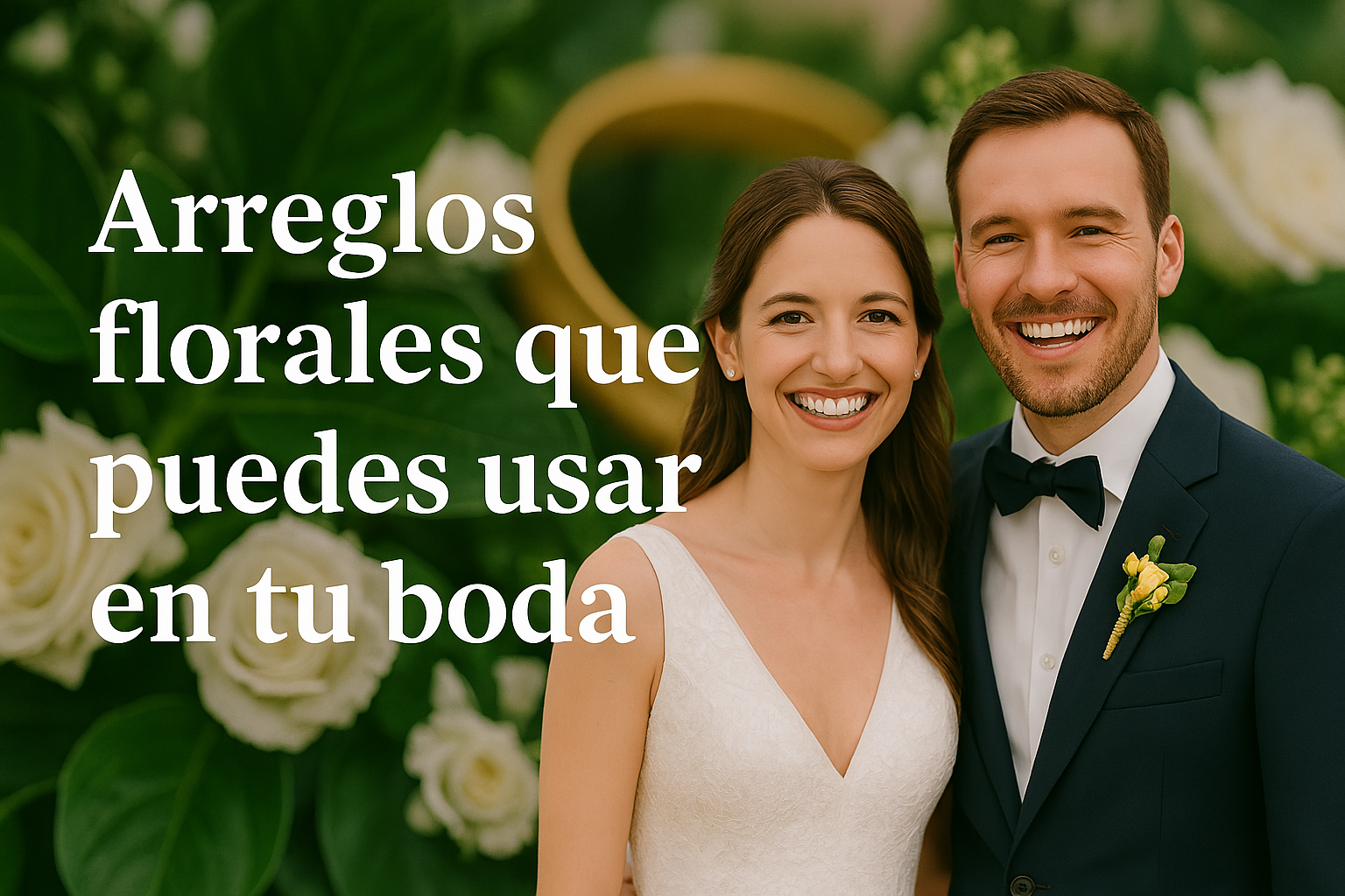 Pareja de recién casados sonriendo frente a un fondo con flores blancas, anillos dorados desvanecidos y texto que dice “Arreglos florales que puedes usar en tu boda