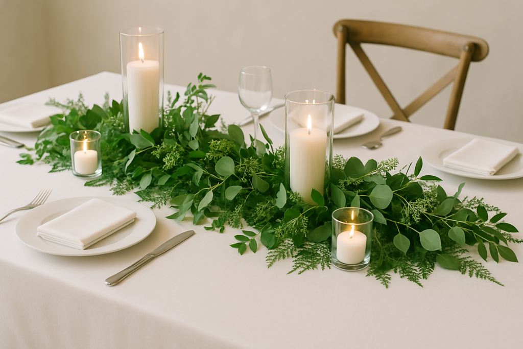 Mesa decorada con follaje y velas en tonos verdes y blancos para bodas elegantes