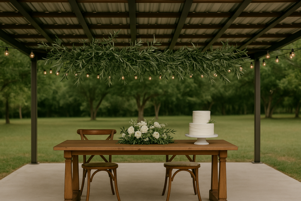 Mesa de madera decorada para una boda al aire libre con un pastel blanco, flores blancas y una guirnalda colgante de follaje bajo un techo de luces