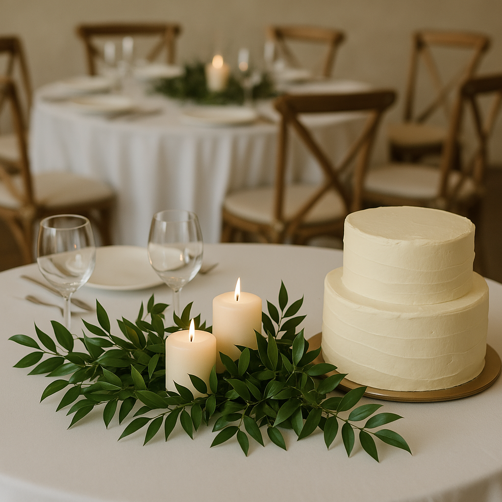 Mesa de boda decorada con un pastel blanco, dos velas encendidas y follaje verde tipo ruscus, sobre mantel blanco y vajilla sencilla