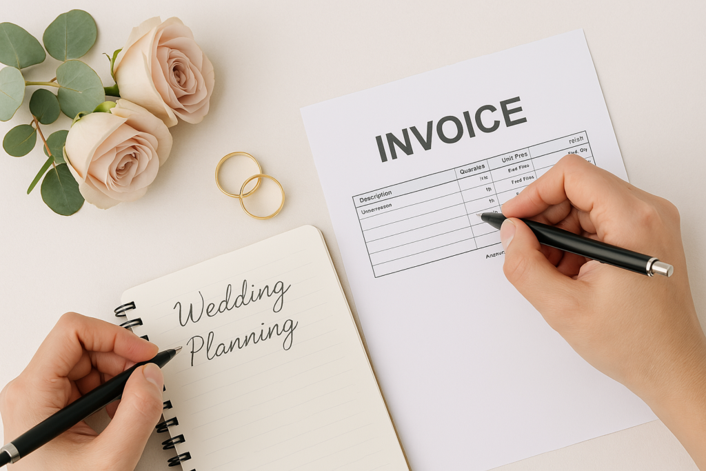 Manos sosteniendo una factura y un bolígrafo, con un ramo de flores y una libreta de planificación de bodas sobre un fondo neutro