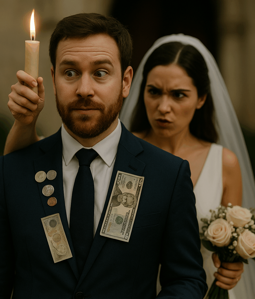 Novia haciendo un gesto de ritual o hechizo con una vela hacia su novio durante la boda, representando supersticiones y tradiciones curiosas en celebraciones matrimoniales