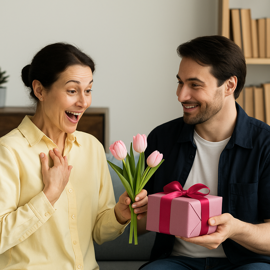 Hombre joven entregando un ramo de tulipanes y un regalo envuelto a su madre emocionada en una sala moderna