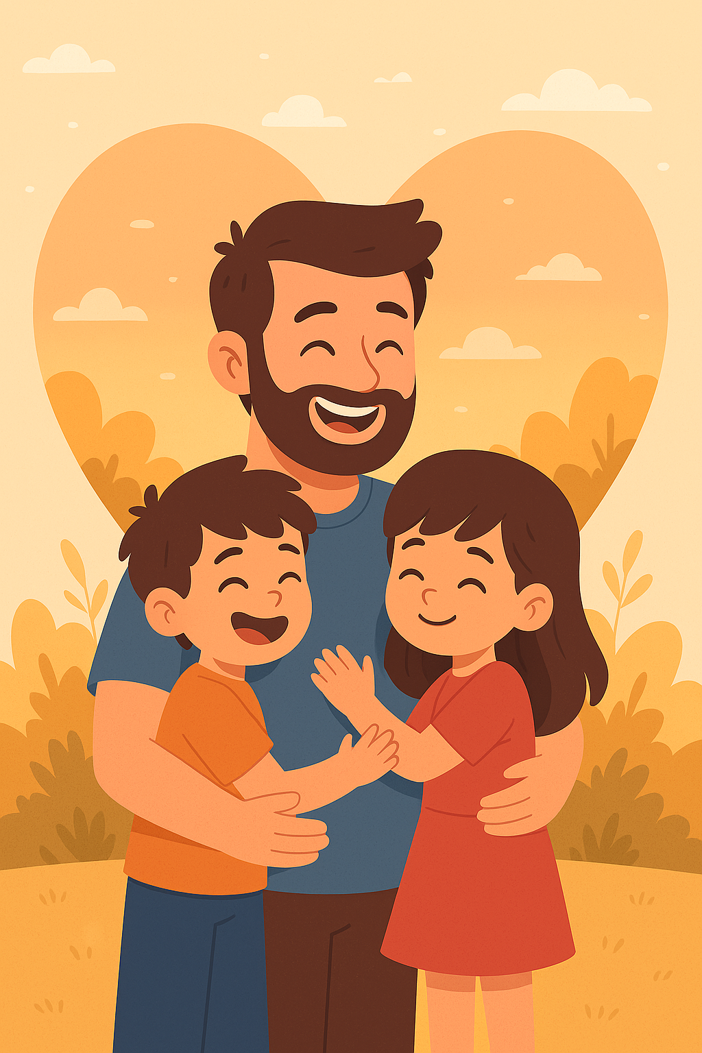 Ilustración animada de un papá abrazando felizmente a sus hijos al aire libre, con fondo cálido y detalles de corazón, ideal para celebrar el Día del Padre 2025 en México.