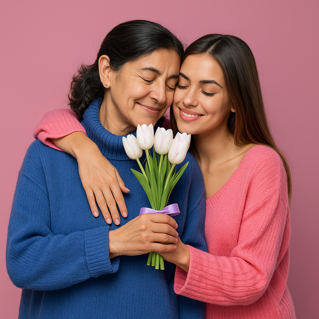 Madre e hija abrazadas con un ramo de tulipanes blancos, sonriendo con cariño frente a fondo rosa
