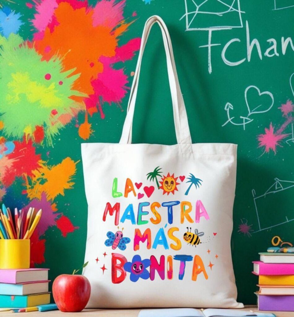 Bolsa ecológica blanca con diseño colorido que dice “La Maestra Más Bonita”, ideal para regalar