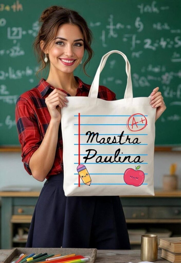 Bolsa con diseño de hoja de cuaderno escolar y texto “Maestra Paulina”, decorada con lápiz y manzana