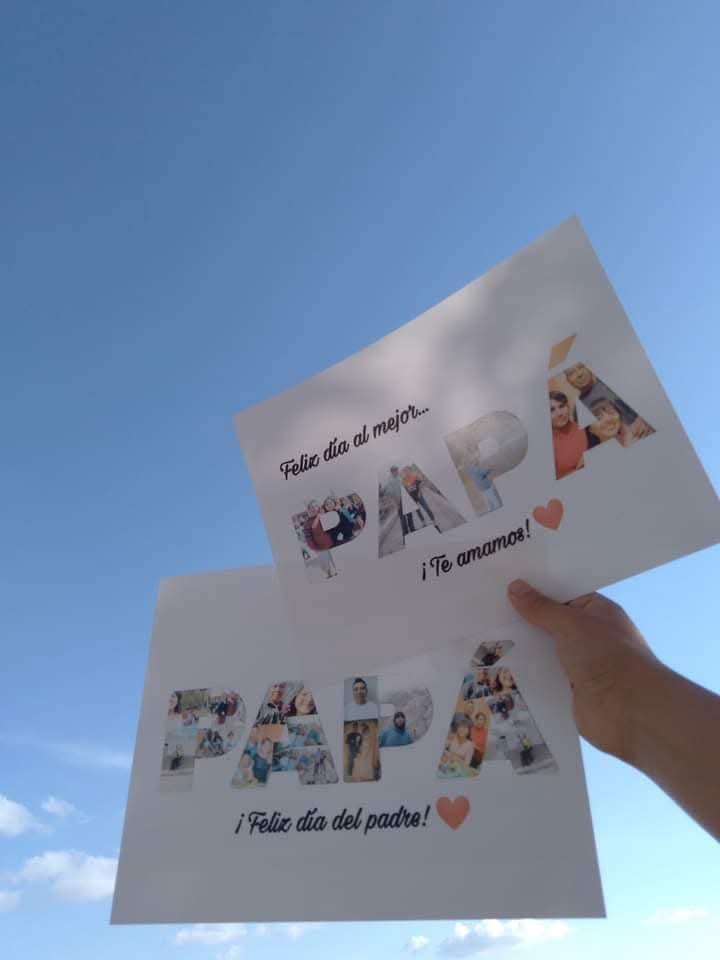 Carteles creativos con letras que forman la palabra “PAPÁ”, decoradas con fotos familiares y mensajes de amor.