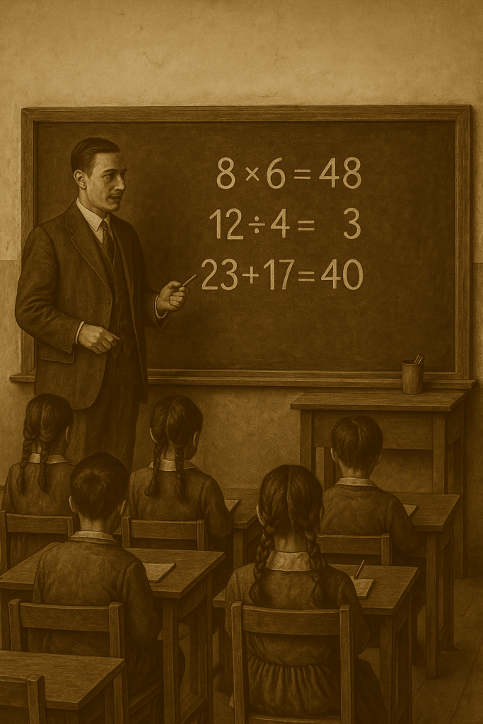Maestro enseñando matemáticas en un aula antigua, con niños sentados y un pizarrón con operaciones