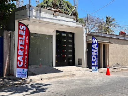 Fachada de Istmo Grafikos en Juchitán, Oaxaca, con lonas publicitarias y servicio de carteles, volantes y lonas