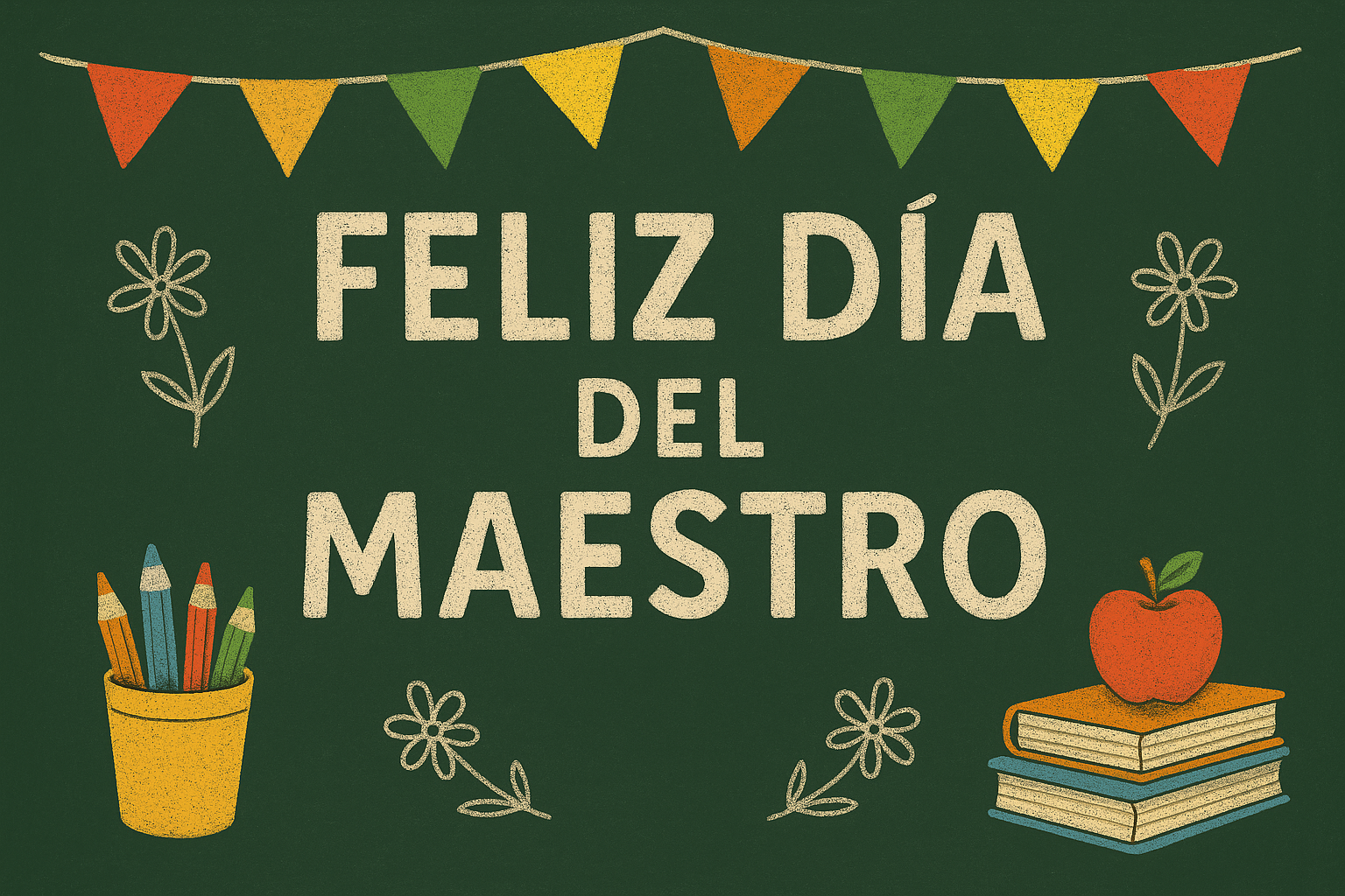 Ilustración tipo pizarrón con el mensaje “Feliz Día del Maestro” en letras llamativas, rodeado de elementos escolares coloridos