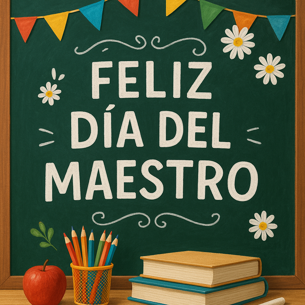 Pizarrón decorado con mensaje “Feliz Día del Maestro”, lápices de colores, manzana roja y libros, ideal para celebrar a los docentes en México