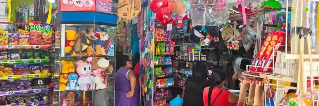Interior de Papelería Marisol en Juchitán con variedad de productos escolares, juguetes, golosinas y atención a clientes
