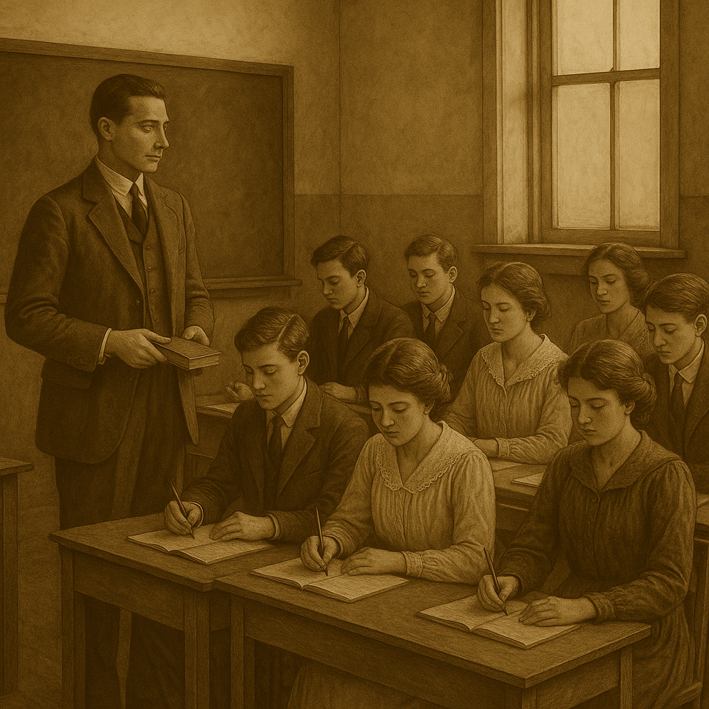 Estudiantes de secundaria tomando clases en un aula antigua con un maestro de pie, en una imagen con estilo de 1918