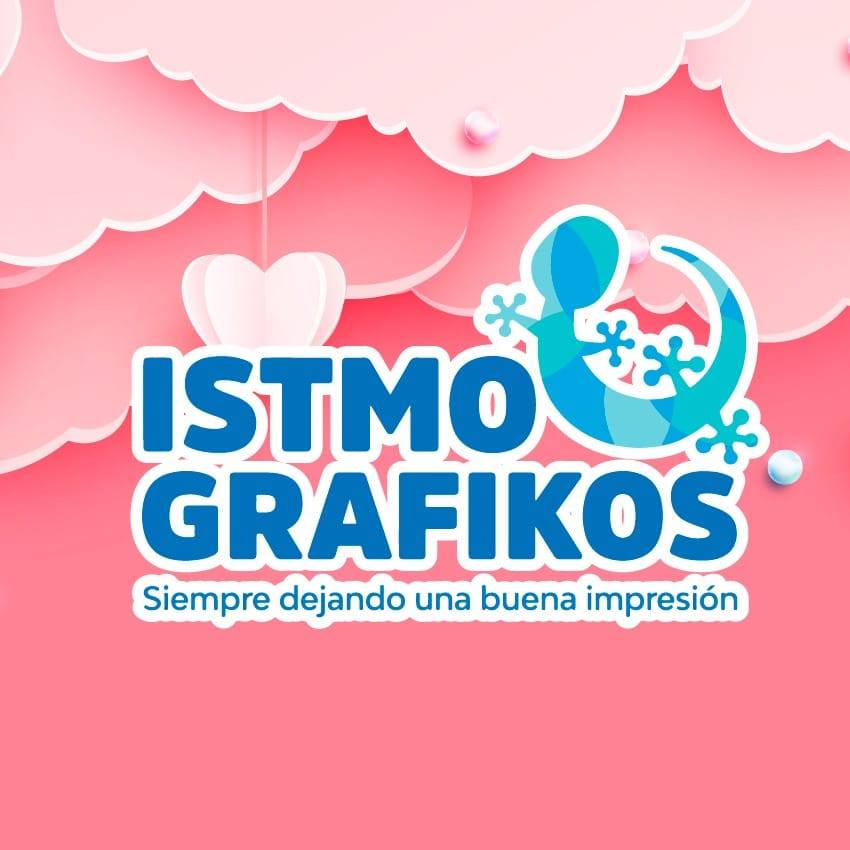 Logotipo de Istmo Grafikos con fondo rosa, eslogan "Siempre dejando una buena impresión" y diseño con gecko
