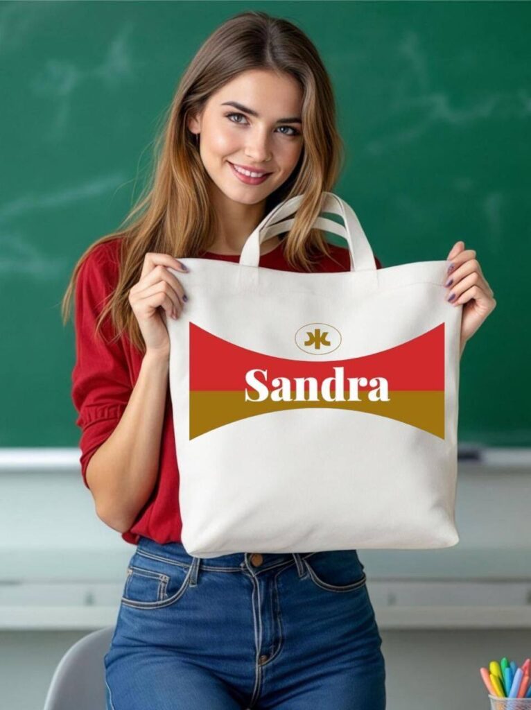 Mujer sosteniendo una bolsa personalizada con nombre “Sandra”, diseño en rojo y dorado