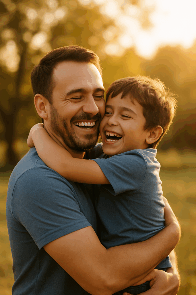 Papá e hijo abrazados al aire libre con luz natural – Día del Padre 2025