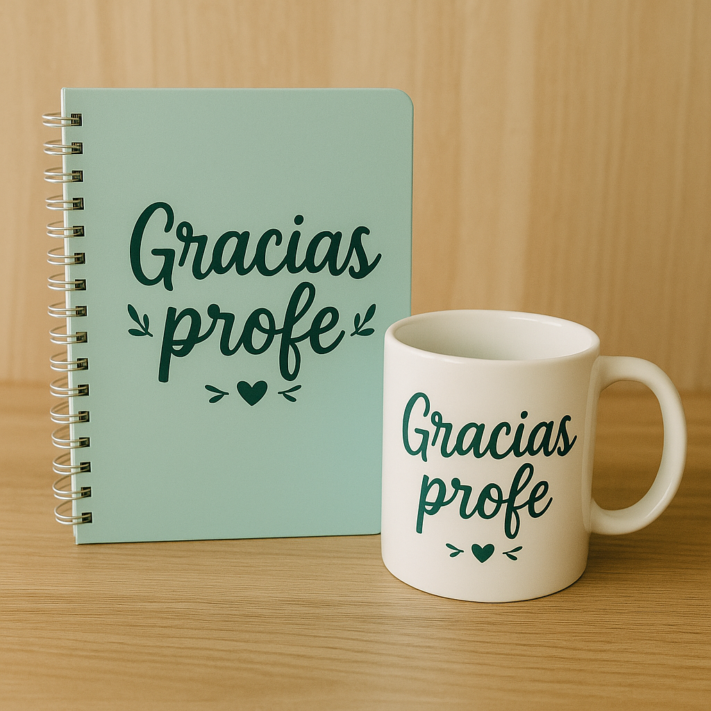 Taza blanca y agenda espiral color menta con la frase “Gracias profe”, ideal como regalo del Día del Maestro